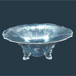 Vintage Heisey Queen Anne Dolphin Foot Glass Bowl w/ Grape & Vine Silver Overlay